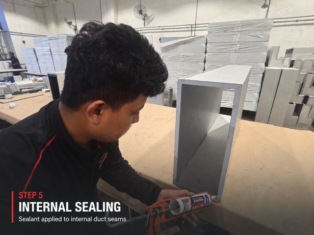Step 5, internal sealing: a fabricator running a sealant gun along the inside corner of a finished duct section.