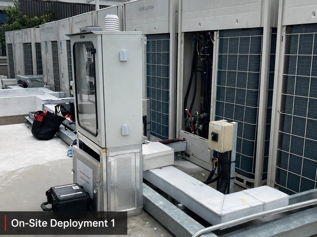 The MV2 measurement cabinet on a rooftop beside a row of VRF outdoor units, one opened for sensor connection.