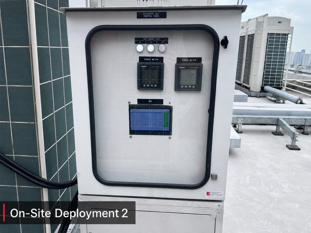 The front of the MV2 cabinet, with two power meters and an HMI screen showing the live measurement table.