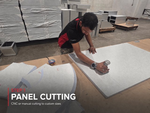 Step 1, panel cutting: a fabricator running a hand tool along a marked aluminium-faced PIR panel at the cutting bench.