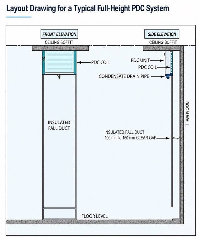 Layout drawing for a typical full-height PDC system, showing coil, casing and discharge grille positions.