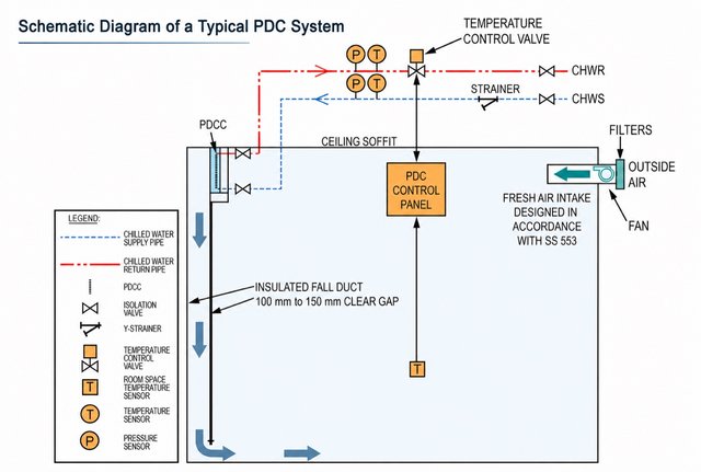 Schematic diagram of a typical PDC system: chilled water supply and return, temperature control valve, PDC control panel, insula