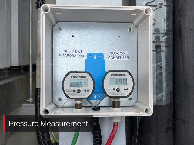 Two Omega digital pressure gauges labelled SUPERHEAT EVAPORATOR and SUBCOOL CONDENSER in a weatherproof enclosure.