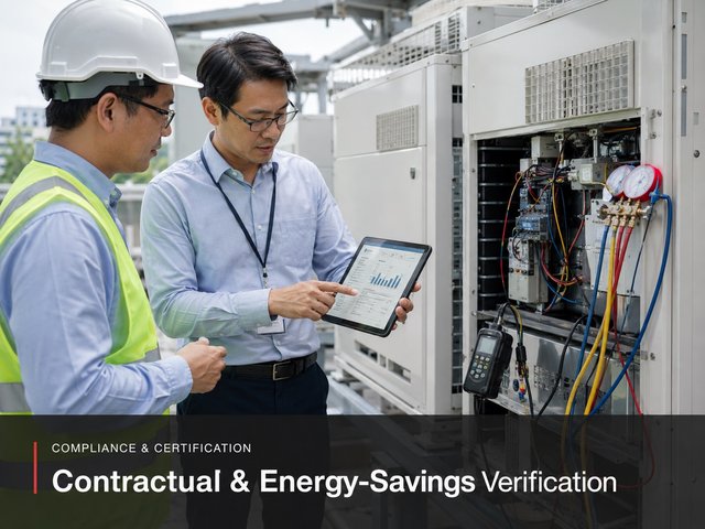 Two people going through a measured savings report on a tablet, with gauges and a logger connected to the VRF unit behind.