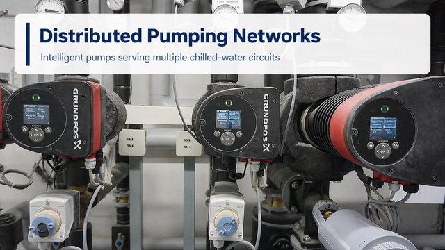 Three Grundfos MAGNA3 pumps mounted side by side on adjacent chilled-water circuits, each with its own control display and actua