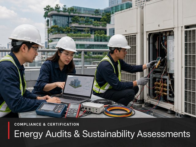 A three-person audit team on a rooftop, two at a laptop with test instruments and one taking a reading inside a VRF unit.