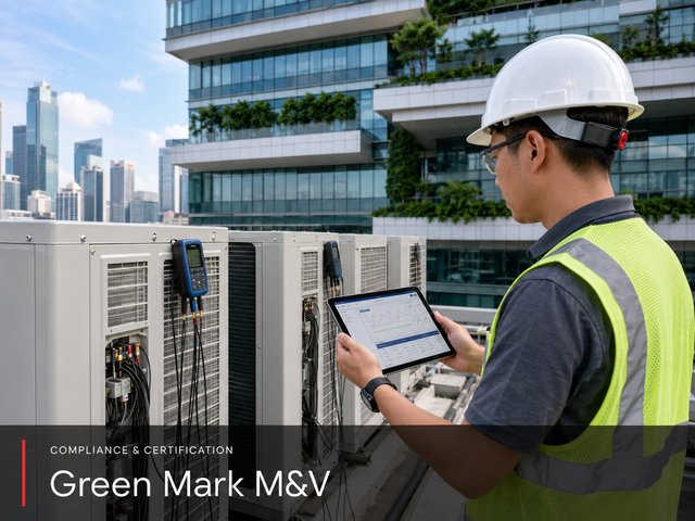 An engineer recording measured performance on a tablet beside instrumented VRF outdoor units on a planted green building.