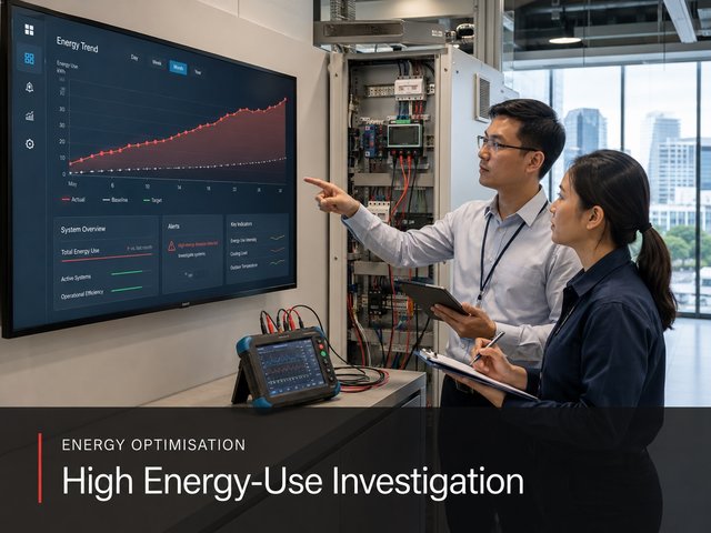 Two people reviewing an energy trend dashboard where actual use has climbed above baseline and an alert is showing.