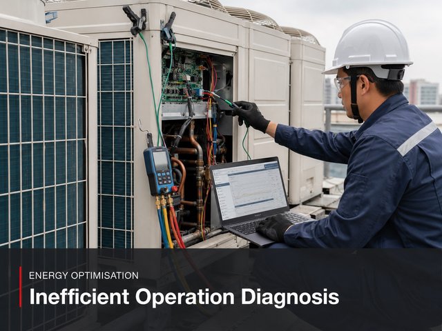 An engineer probing the control board of an opened VRF outdoor unit with a trend log open on a laptop.