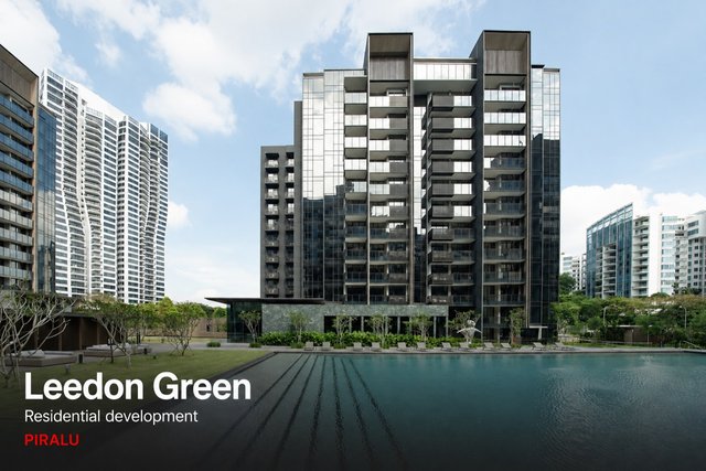 The pool deck and apartment blocks at Leedon Green, Singapore, served by Kingspan PIRALU ductwork.