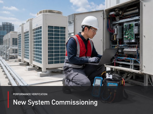An engineer at an opened control panel on a rooftop VRF plant deck, laptop in hand, during commissioning.