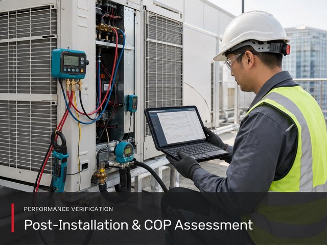 An engineer reading a performance dashboard while gauges and a clamp meter are connected to a VRF outdoor unit.