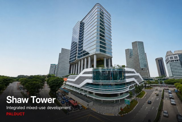 Shaw Tower, Singapore: a stepped glass office and retail tower on Beach Road, served by Kingspan PalDuct ductwork.